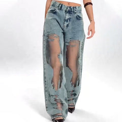 🌸NEW HOT SALE💥Women's Vintage Mesh Patchwork Printed Jeans👖