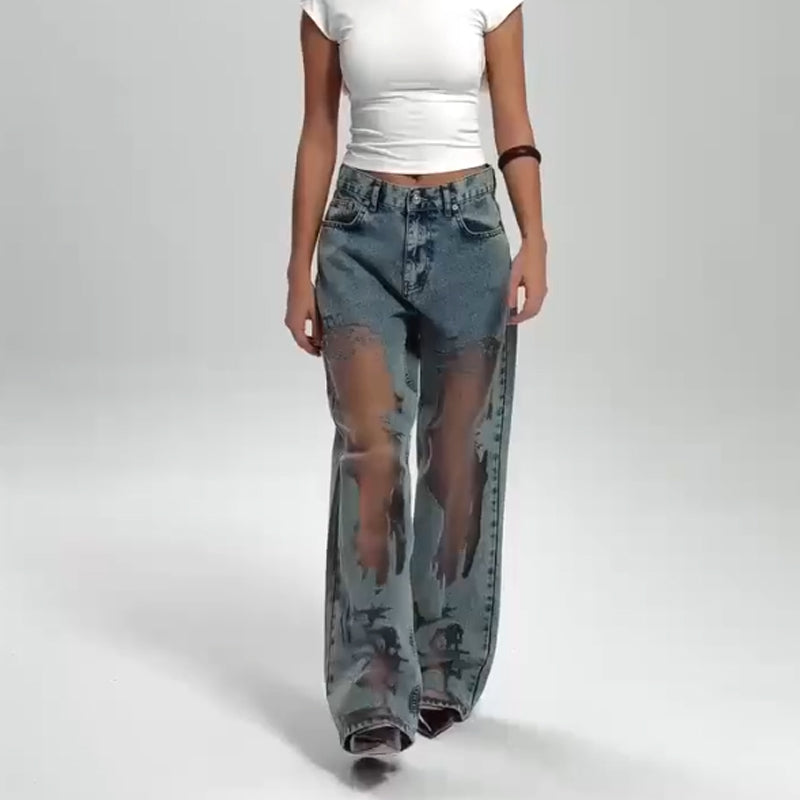 🌸NEW HOT SALE💥Women's Vintage Mesh Patchwork Printed Jeans👖