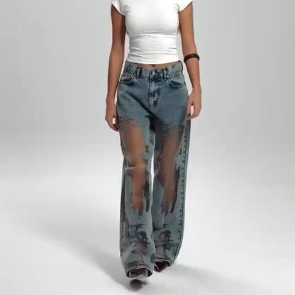 🌸NEW HOT SALE💥Women's Vintage Mesh Patchwork Printed Jeans👖