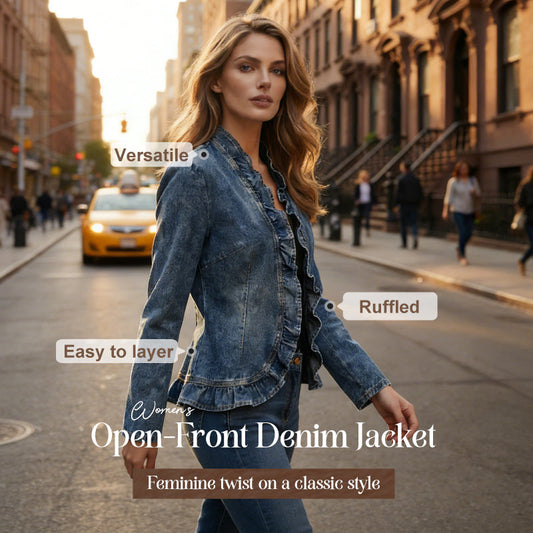 🧥Women's Ruffle Trim Open-Front Denim Jacket – Lightweight, feminine & versatile – chic for any outfit🤠