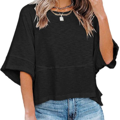 💥Last Day Special Sale 49% OFF👚Women's Solid Color Splicing Loose Five Points Flare Sleeve T-Shirt