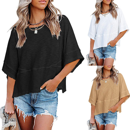 💥Last Day Special Sale 49% OFF👚Women's Solid Color Splicing Loose Five Points Flare Sleeve T-Shirt