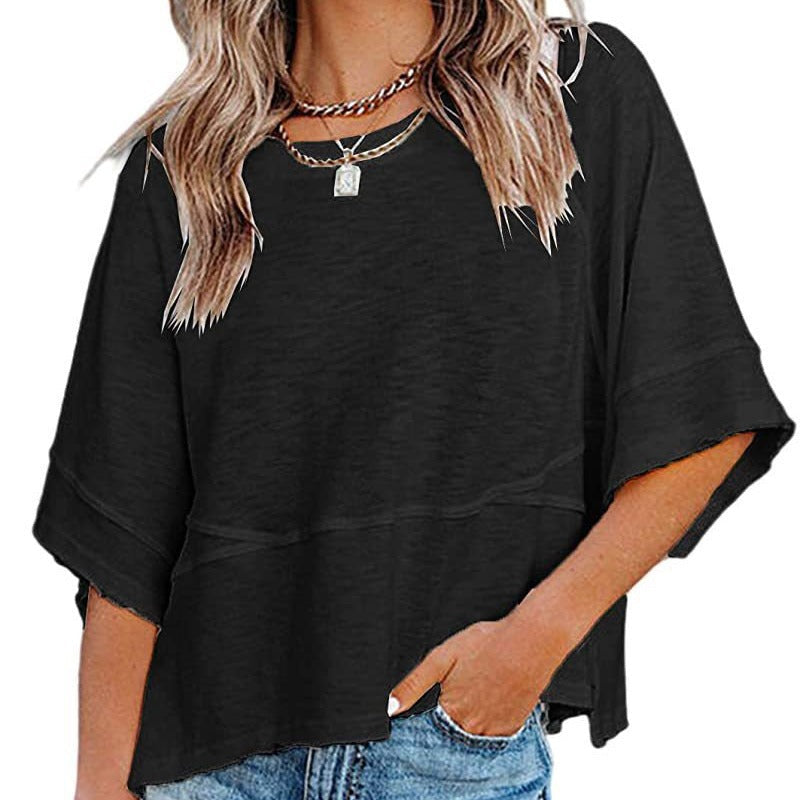 💥Last Day Special Sale 49% OFF👚Women's Solid Color Splicing Loose Five Points Flare Sleeve T-Shirt