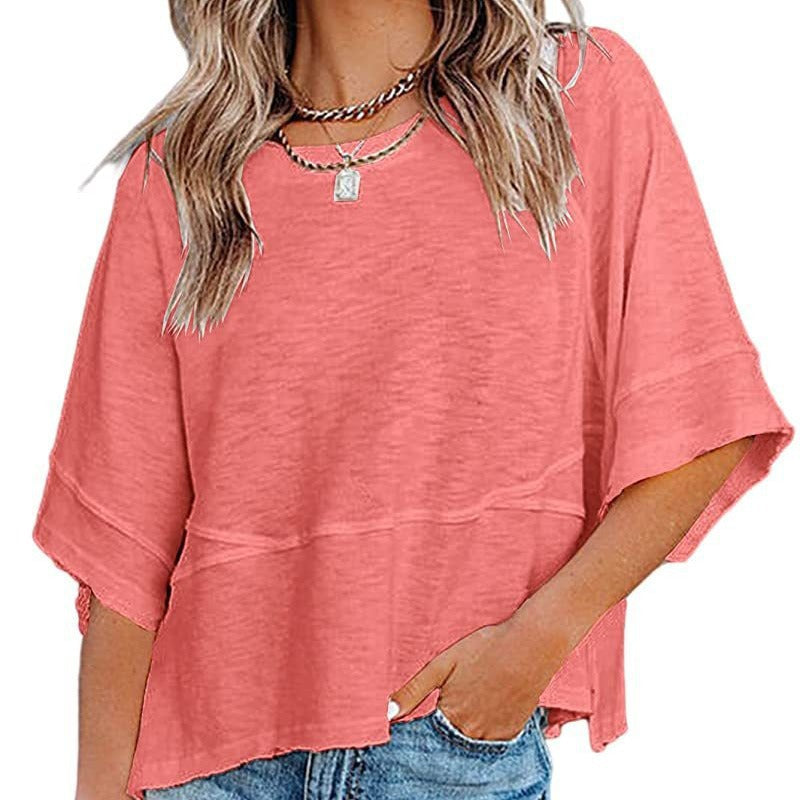 💥Last Day Special Sale 49% OFF👚Women's Solid Color Splicing Loose Five Points Flare Sleeve T-Shirt