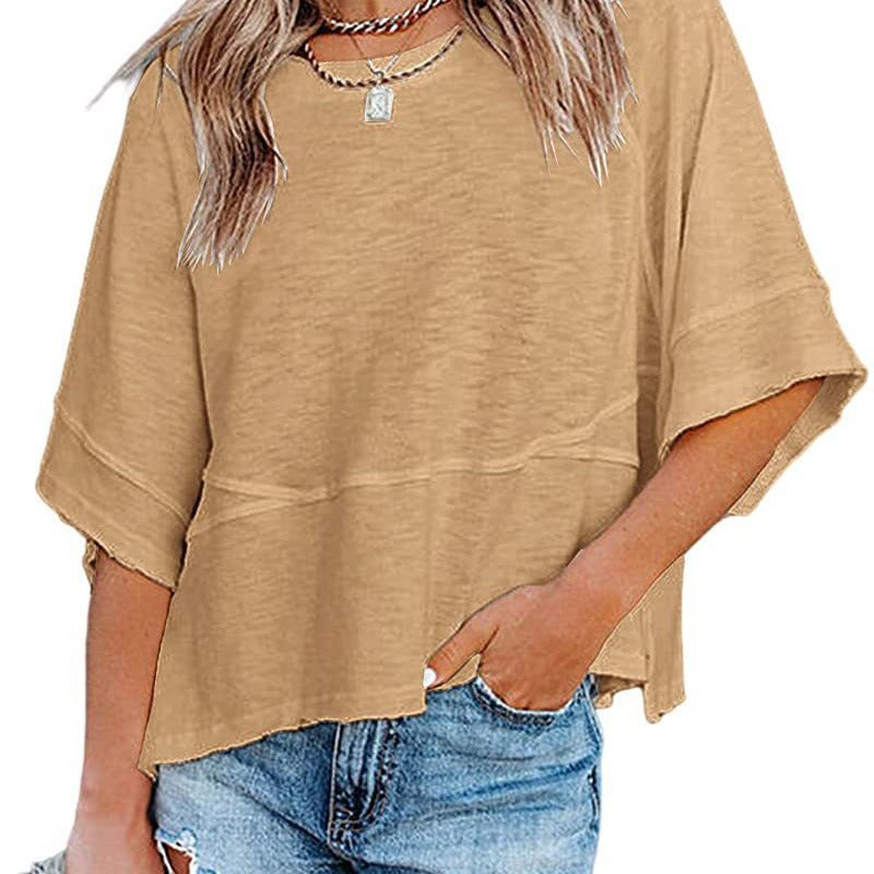 💥Last Day Special Sale 49% OFF👚Women's Solid Color Splicing Loose Five Points Flare Sleeve T-Shirt
