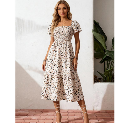 💥Last Day Special Sale 49% OFF👚Women's Square Neck Smocked Floral Midi Dress