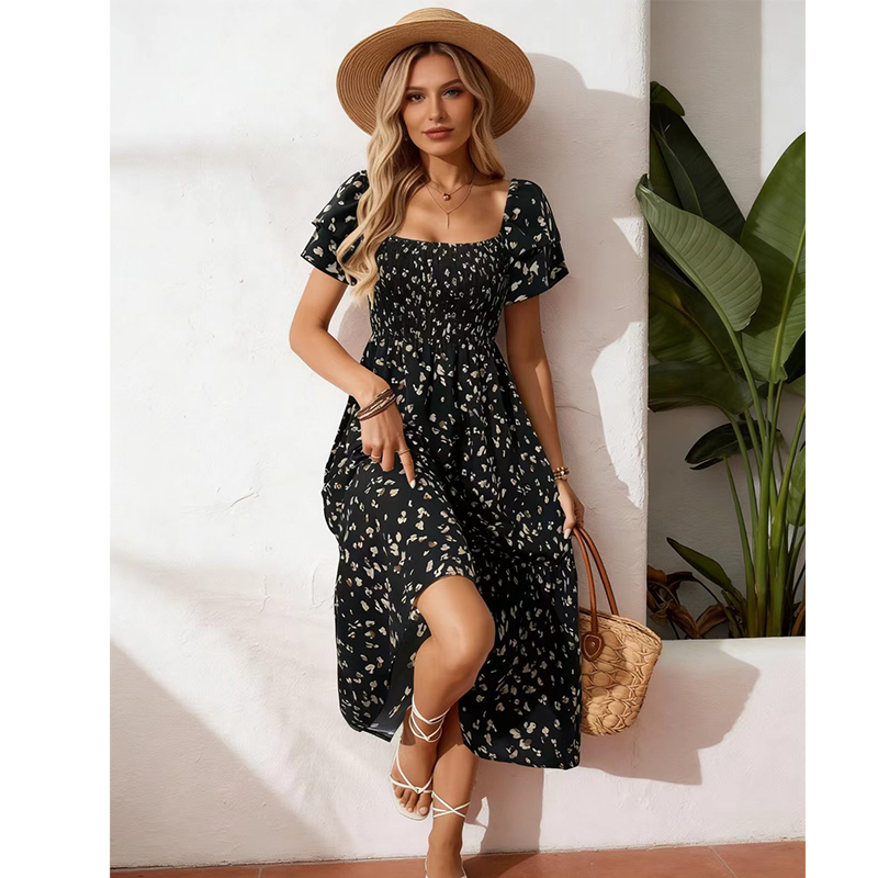 💥Last Day Special Sale 49% OFF👚Women's Square Neck Smocked Floral Midi Dress