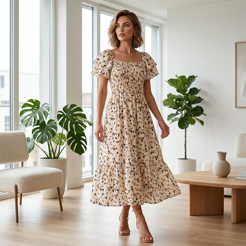 💥Last Day Special Sale 49% OFF👚Women's Square Neck Smocked Floral Midi Dress