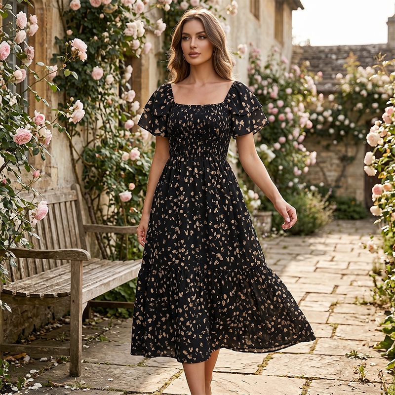 💥Last Day Special Sale 49% OFF👚Women's Square Neck Smocked Floral Midi Dress