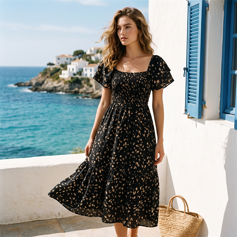 💥Last Day Special Sale 49% OFF👚Women's Square Neck Smocked Floral Midi Dress
