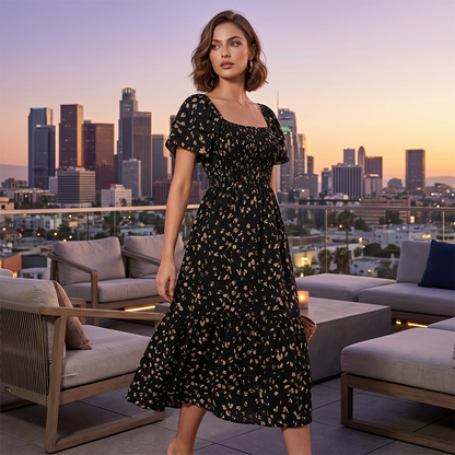 💥Last Day Special Sale 49% OFF👚Women's Square Neck Smocked Floral Midi Dress