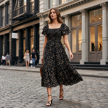 💥Last Day Special Sale 49% OFF👚Women's Square Neck Smocked Floral Midi Dress