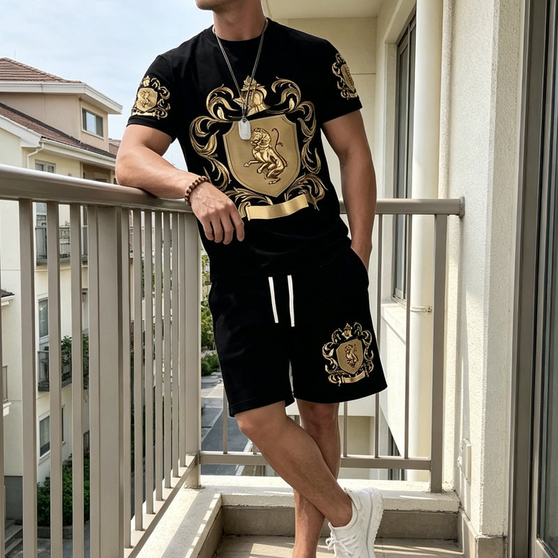 🎁Last Day Promotion 49% OFF🔥Men's Gold Crest Print T-Shirt & Shorts Set