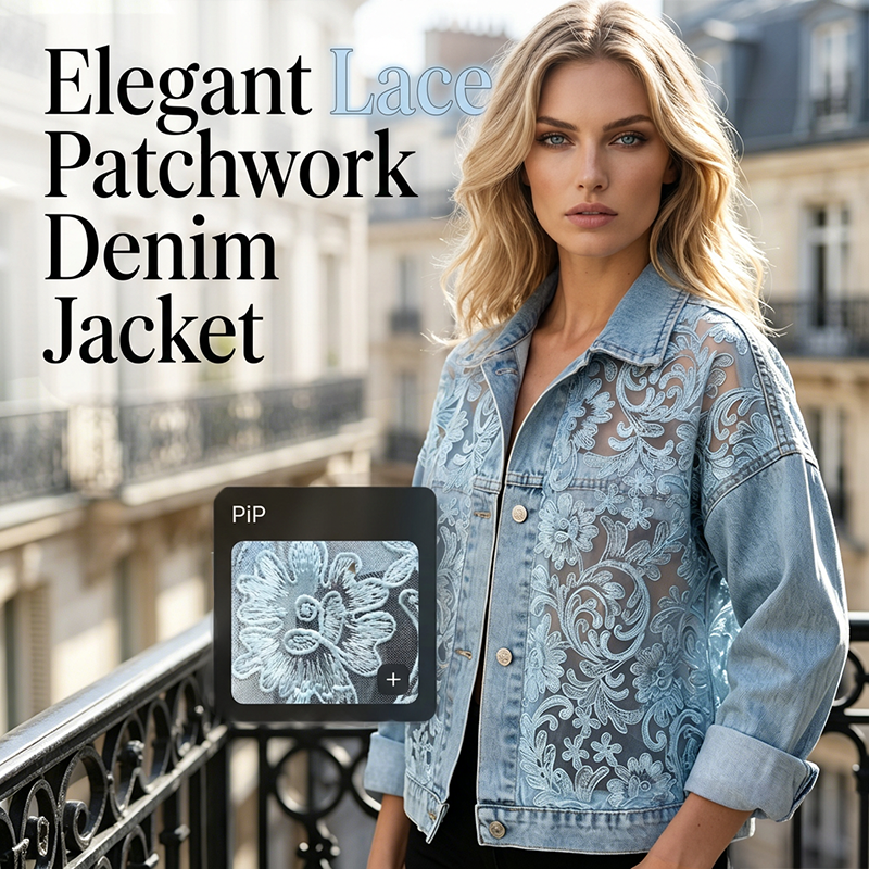 Women's Loose Floral Lace Patchwork Denim Jacket