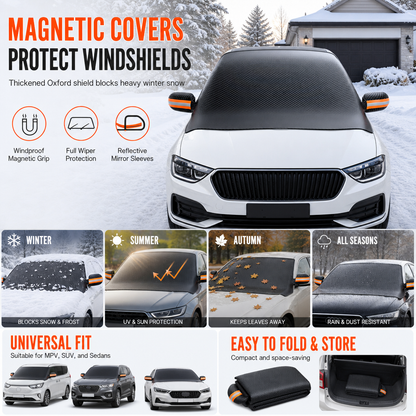 📢📢50% OFF !! ⏰Thickened Magnetic Car Windshield Sun Shade and Snow Cover Waterproof Half Car Cover with Reflective Strips
