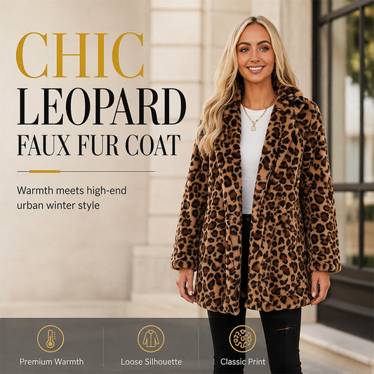 ✨ LAST DAY SPECIAL PRICE!!🧥 Women’s Leopard Print Faux Fur Mid-Length Coat, Open Lapel Loose Warm Winter Party Outerwear